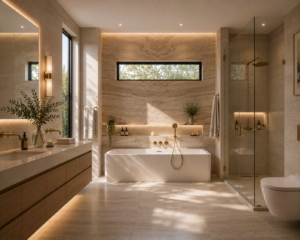 Luxury master ensuite bathroom design – Ozzie Dream Homes custom home builder Sydney